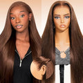 Arabella 13x6 Chocolate Brown Glueless Wigs Human Hair Pre Plucked Pre Cut 13x6 Ear to Ear Full HD Lace Front Wigs Human Hair 210% Density 4# Brown Straight Wig Drawstring Wig Human Hair 26 Inch