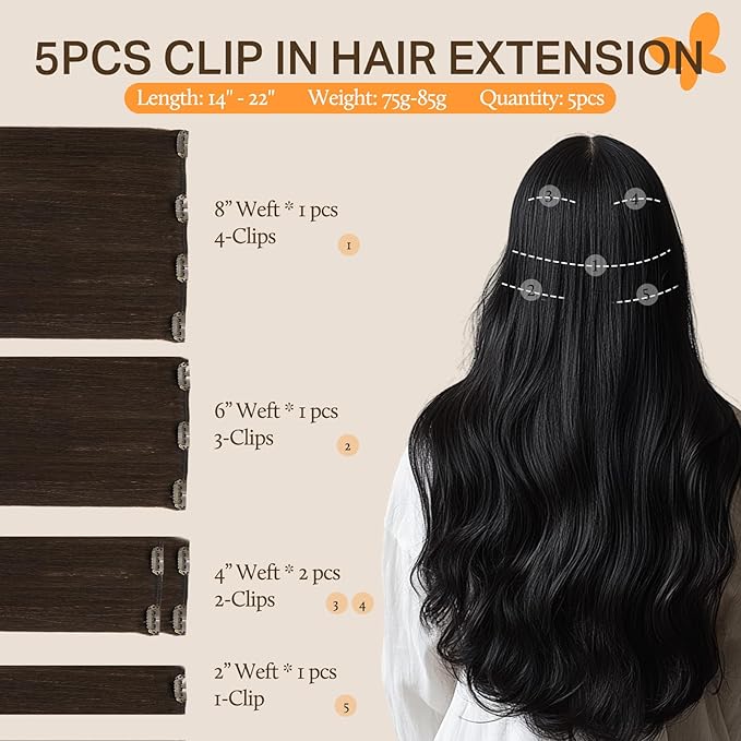 DOORES Clip in Hair Extensions Human Hair, 80g 5pcs Light Dark Brown 18 Inch Human Hair Extensions Clip in Remy Hair Extensions Natural Straight