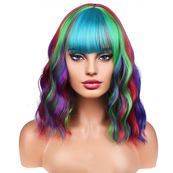 BERON 14 Inches Rainbow Wig with Bangs Short Curly Synthetic Wig for Women Cosplay Daily Party Hairnet Included