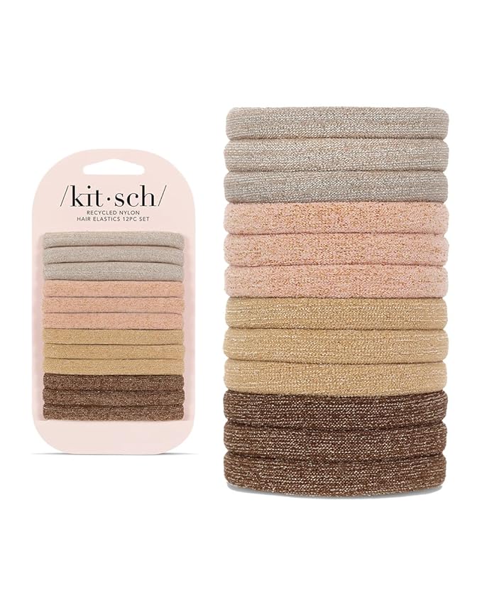 Kitsch Hair Ties No Damage - Strong, Stretchy Hair Bands | Soft Nylon with Glitter Ponytail Holders, Snag-Free Rubber Bands, Perfect for Updos & Braids | Ideal Gifts for Women - Neutral, 12pcs