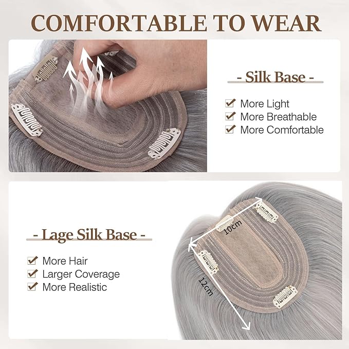 Rich Choices Hair Toppers for Women Real Human Hair 100% Human Remy Toppers NO Bangs for Women with Thinning on Top Clip in Hairpiece 4"x4.7"Lace Base 10 Inch Gray
