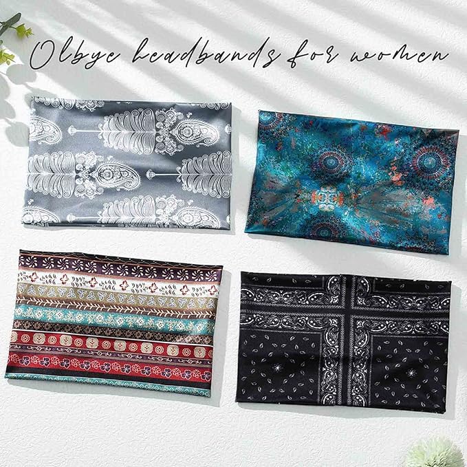 Olbye Wide Headbands, Boho Headbands for Women, Workout Yoga Hair Scarfs Running Sweatband, Hair Accessories for Women Girls (E- Stylish, Pack of 4)