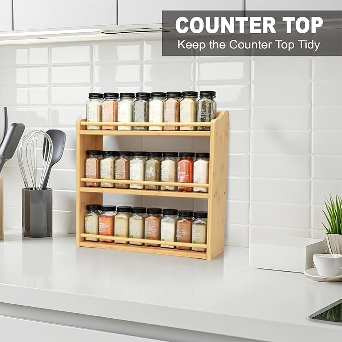 3 Tier Bamboo Spice Rack, Spice Rack Organizer, Seasoning Jars Rack Shelf Spice Organizer for Kitchen Counter or Wall Mounting, Bamboo Spice Storage Holder