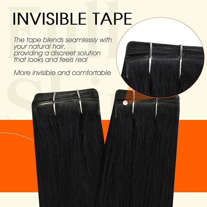 Full Shine Tape in Extensions Color 1 Jet Black Injection Human Hair Extensions Straight Machine Remy Insert Tape in Hair for Women 24Inch Seamless Skin Weft 50Gram 20Pcs Natural Invisible