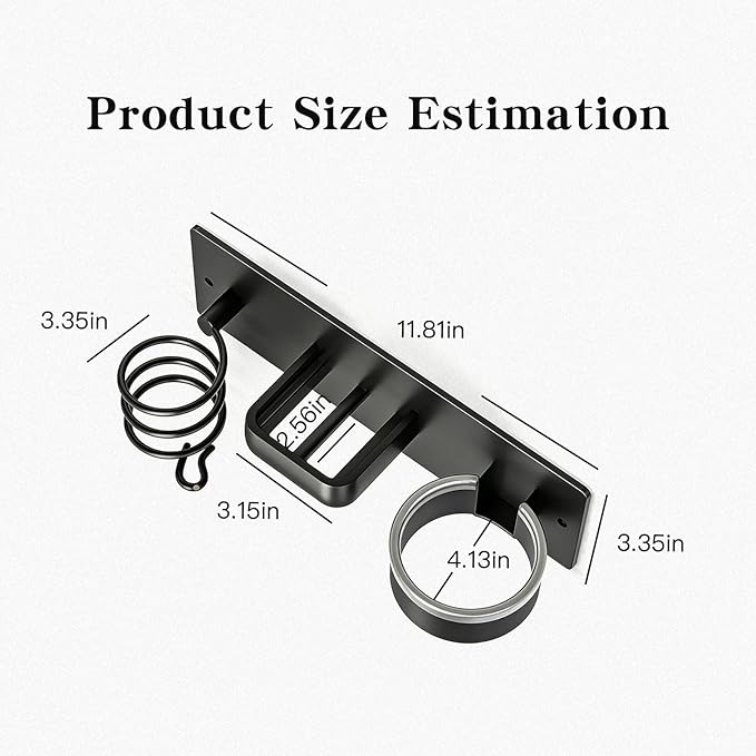 3 in 1 Wall Mounted Hair Dryer Holder, Metal Hair Dryer Stand with Organizer for Curling Iron & Styling Tools, Punch-Free & Punchable Bathroom Storage Rack
