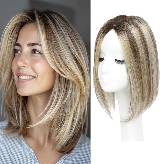 YAMI Hair Toppers for Women 100% Real Human Hair Toppers for Women 12Inch Large Upgrade Swiss Base Cover Hairloss and Add Volume (Ombre Brown with Blond Highlight)