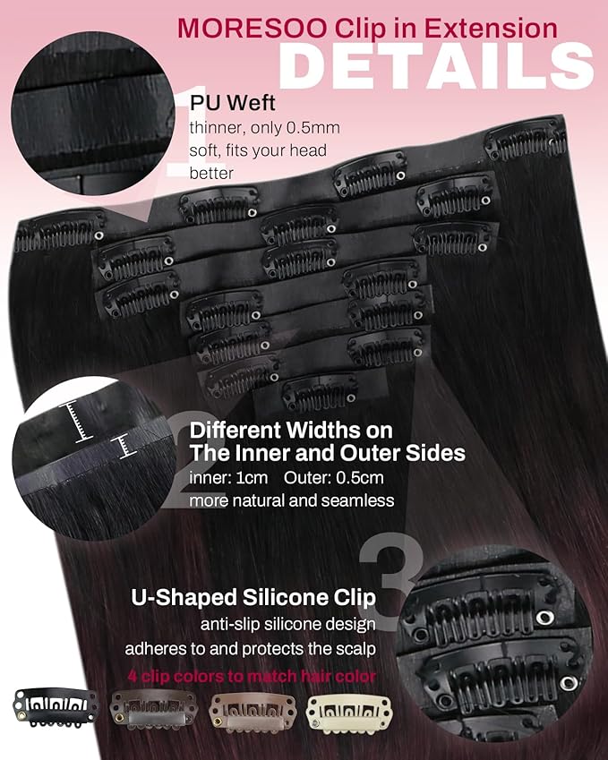 Moresoo Seamless Clip in Hair Extensions Burgundy Balayage Seamless Hair Extensions Clip ins Human Hair Black to Wine Red Ombre Human Hair Clip in Extensions Black to Burgundy 120g 7pcs 20inch