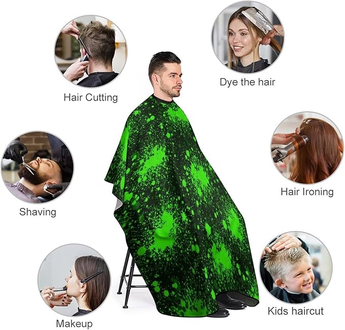 Women Green Paint Splatter Black Haircut Barber Cape Cover, Extra Large Hairdressing Apron for Home Stylists, Easy Clean