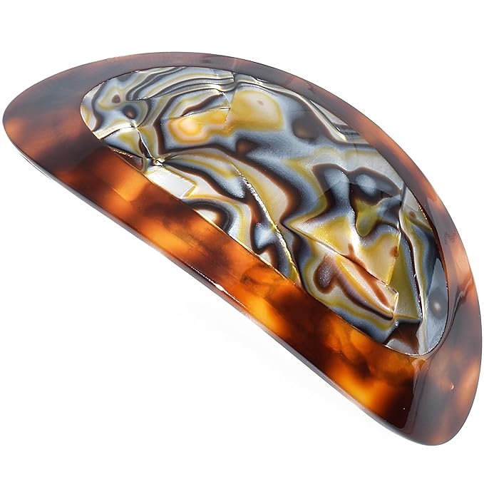 Camila Paris CP3644 French Hair Barrette Clip Oval Brown and Onyx, Strong Hold Grip Hair Clips for Women, No Slip Rubberized Metal Closure, Durable Styling Girls Hair Accessories, Made in France
