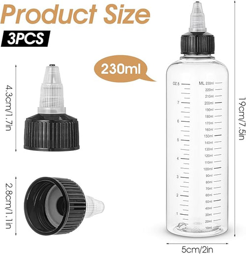 3 Pack Hair Oil Bottle 8.5oz-Hair Oil Applicator Plastic Squeeze Bottles Scalp Oil-Applicator Hair Dye Bottle, Twist-On Top Tip Cap, Refillable Bottles with Graduated Scale and Twist Top