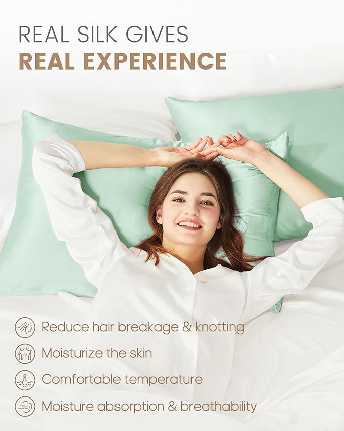 THXSILK 100% Mulberry Silk Pillowcase for Hair and Skin, Grade 6A+ Mulberry Silk Pillow Case Soft and Breathable, Hypoallergenic Pillow Case Cover with Zipper, 1pc (Queen 20"x30", Turquoise Green)
