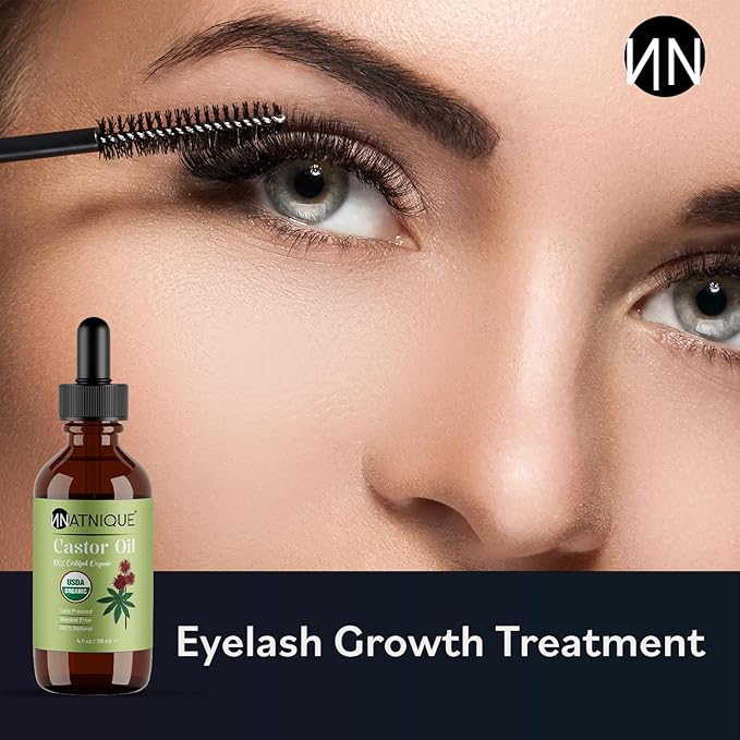 Natnique Castor Oil 4oz – USDA Certified Organic, 100% Pure Cold Pressed Unrefined Oil for Hair Growth, Eyelashes, Eyebrows & Scalp – Natural Skin Moisturizer, Lash Serum & Hair Treatment