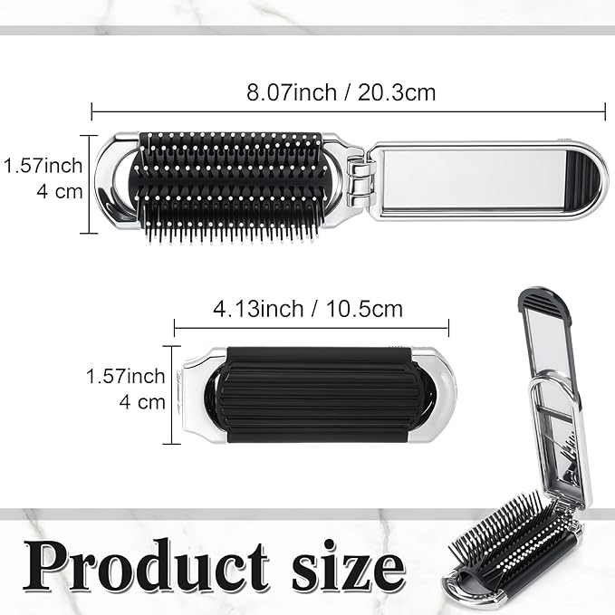 Nuenen 4 Pcs Folding Hair Brush with Mirror Portable Mini Hair Brush Small Compact Pocket Comb for Family Travel Car Gym Wig Bag Purse Gift Women (Silver)