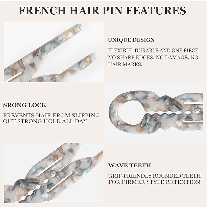 Sunolga 6pcs Prestige French Hair Pins for Women, 4.38" Large, Serrated Anti-Slip Design, Curved Shape for Better Head Fit, Coquette Elegant Hair Accessories for Updos, Chignon, Bun Hairstyles