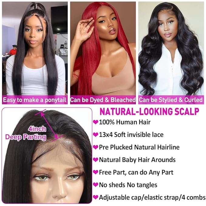 Hermosa 220% Density HD Transparent Lace Front Wigs Human Hair for Women 12A Brazilian Straight 13x4 Human Hair Lace Front Wigs Pre Plucked with Baby Hair Natural Hairline 26 inch