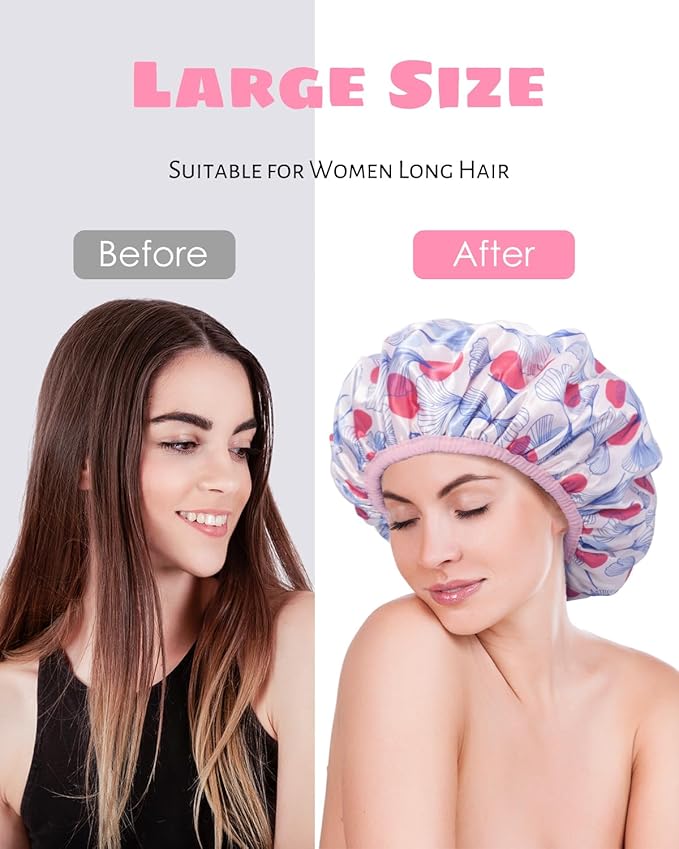 Auban Shower Cap, Shower Cap for Women Terry Cloth Lined EVA Exterior Reusable Double Layer Waterproof, Large Bath Hair Cap, Hotel Travel Essentials Accessories Cleaning Supplies (Flower)