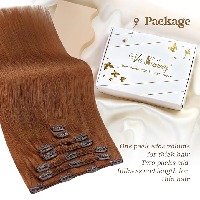 Ve Sunny Clip in Hair Extensions Real Human Hair Ginger Copper Clip in Extensions for Women Natural Human Hair Extensions Straight 7pcs 16 inch 120g
