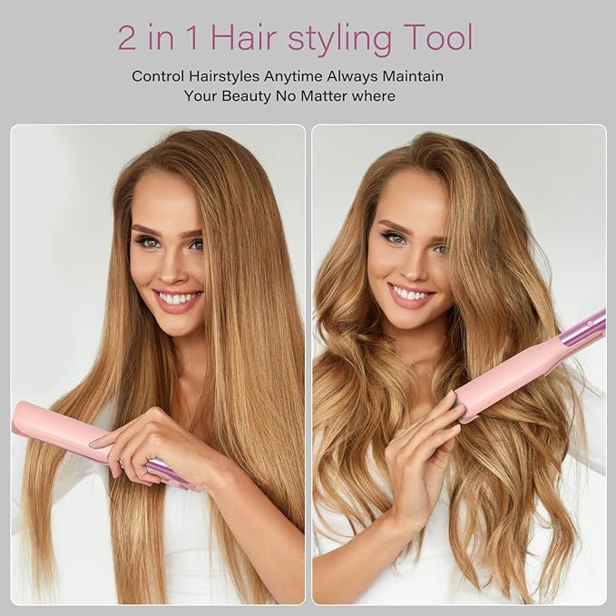 Hair Straightener, 1.25” Flat Iron and Curler 2 in 1, Ceramic Coating, Quick Heat Up, 4 Temp. Options, for All Hair Type, Less Frizz, Shinier and Smoother, Dual Voltage for Travel (Pink)