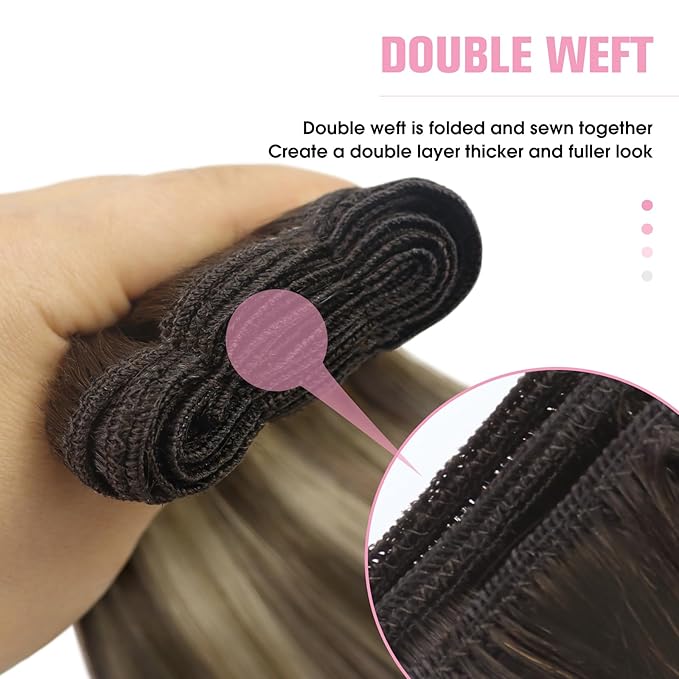 YoungSee Balayage Human Hair Sew in Extensions Chocolate Brown with Ash Blonde Balayage Weft Extensions One Piece Weft Hair Extensions Human Hair for Natural Look 22Inch 100G