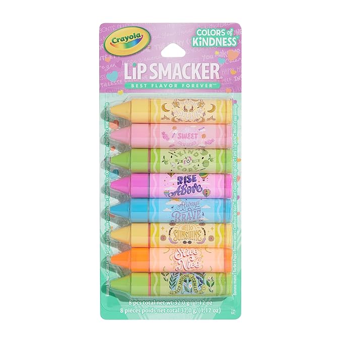 Lip Smacker Crayola Party Pack - 8 Moisturizing Lip Balms, Hydrating & Protecting, Fun Flavors, Glossy Finish, Cruelty-Free - Color of Kindness