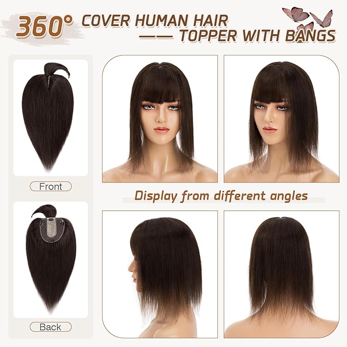 Rich Choices Real Human Hair Toppers for Women With Bang 100% Remy Human Hair Topper for Thinning Hair Clip in Silk Base Hair Topper 6 Inch #2 Dark Brown