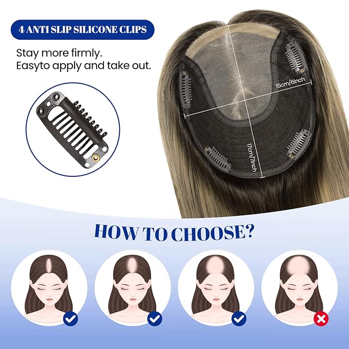 WORLDSTAR Toppers for Women Real Human Hair, Hair Pieces for Women with Thinning Hair,16Inch,6 * 7 Inch Base,75g,#2/6/18 Dark Brown to Chestnut Brown and Dirty Blonde, Clip in Topper (tp#2/6/18-16)