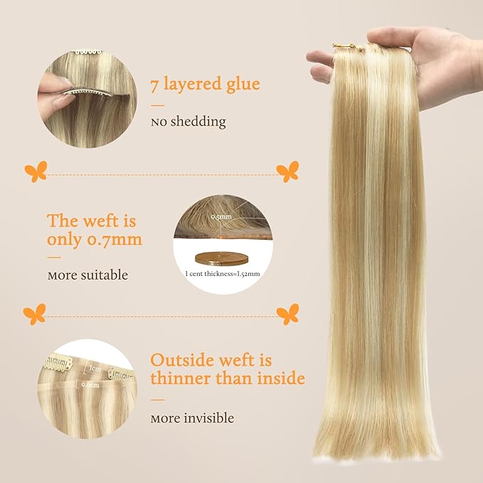 DOORES Clip in Hair Extensions, Seamless Dark Blonde Highlighted Bleach Blonde 22 Inch 150g 7pcs, Straight Virgin Hair Extensions for Women