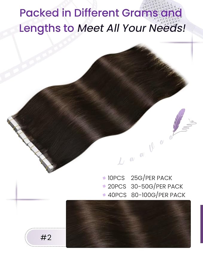 LaaVoo Darkest Brown Hair Extensions Tape in Real Human Hair Tape in Hair Extensions Human Hair Seamless Tape on Extensions 16inch 40pcs 80g