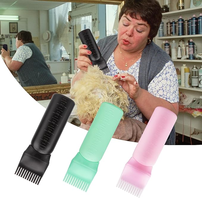 Cosywell Root Comb Applicator Bottle 6 Ounce 3 Pack Hair Oil Applicator Brush for Hair Root Comb Color with Graduated Scale (Black Pink Green)