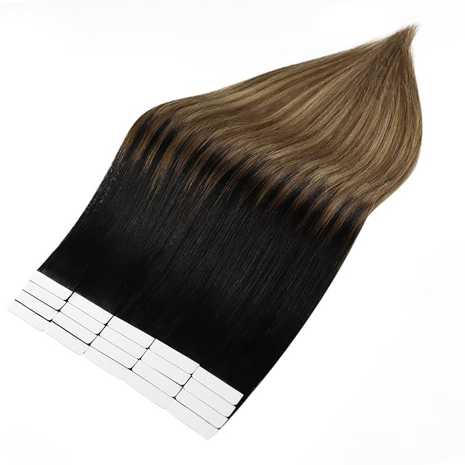 Full Shine Tape in Hair Extensions Human Hair Ombre Hair Extensions Color Off Black Fading to Chestnut Brown and Honey Blonde 20 INCH 50G Soft Remy Tape ins 20PCS for Bridal