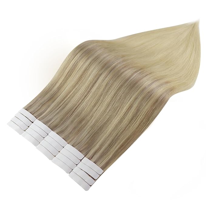 Full Shine Seamless Tape in Hair Extensions Nordic Color 18 Fading to 22 and 60 Blonde Human Hair Tape in Extensions Natural Real Hair Extensions Tape ins 20 Inch for Wedding 20Pcs 50Gram