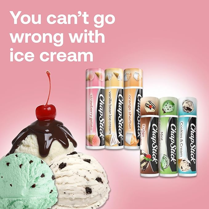 ChapStick Lip Balm, Ice Cream Collection 3-Pack, Ice Cream Classics 3-Pack + S’mores Collection – Fun & Flavorful Lip Care, Birthday Gift, Party Favors, Stocking Stuffers, 0.15 Oz Ea
