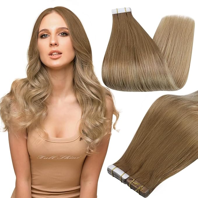 Full Shine Tape in Hair Extensions Human Hair 12Inch Tape Extensions Color 10 Golden Brown to 14 Dark Blonde Ombre Tape ins Human Hair Extensions Seamless Remy Human Hair 30G 20pcs for Wedding