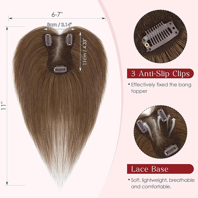 Human Hair Topper with Bangs for Women, 360° Cover Clip in Curtain Bangs Hair Toppers Hair Piece Medium Brown-3.15x4.33 Hand-tied Base (Medium Brown)