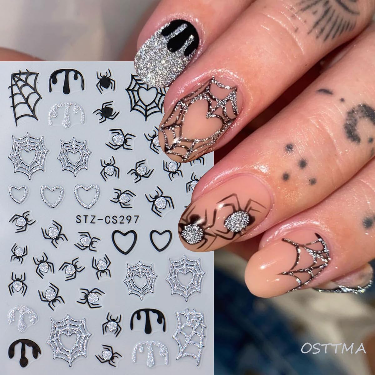 8Sheets Halloween Nail Art Stickers Spider Web Nail Stickers for Nail Art 3D Self-Adhesive Nail Decals Gold Silver Black White Glitter Spiderweb Bat Spiders Nail Design Halloween Manicure Accessories