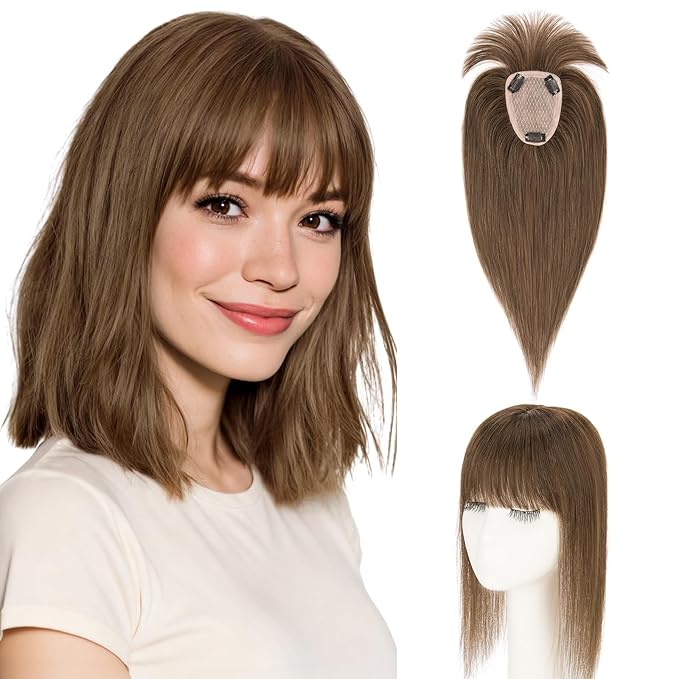 Hairro Human Hair Toppers with Wispy Bangs, 3.5x4.7" Hand-wovened Base for Women with Thinning Hair, Lightweight & Breathable Realistic Scalp, Clip-in Hairpieces for Easy Wear, 10 Inch Cocoa Brown