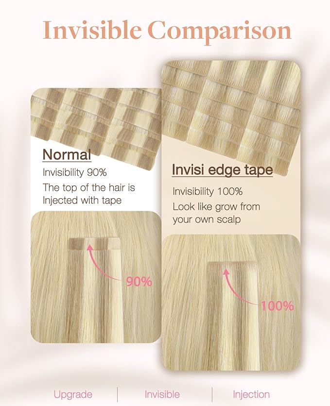 GOO GOO Invisi Edge Tape in Hair Extensions Human Hair, 18A/613A Dark Blonde Highlighted Bleach Blonde 20pcs 24inch 50g, Virgin Remy Hair, Seamless Injected Tape, Natural Look