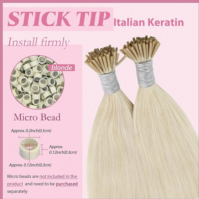 YoungSee I Tip Hair Extensions Human Hair Blonde Itip Hair Extensions Platinum Blonde 20 Inch 50s 50g Invisible I-Tip Extensions Add Length and Volume