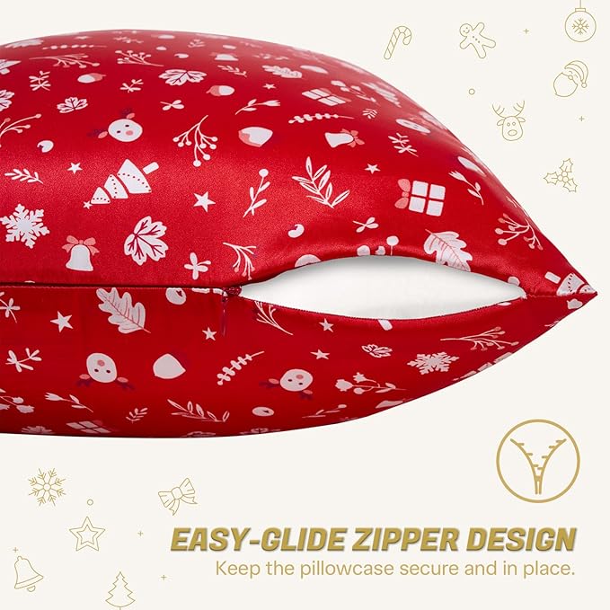THXSILK Christmas Style 6A+ Grade Mulberry Silk Pillowcase for Hair and Skin, 22 Momme 100% Pure Silk Pillow Case with Hidden Zipper, Christmas Holly Printed Pillow Cover, Red， Standard