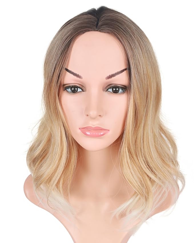 Short Curly Ombre Blonde Bob Hair Wigs For Women Synthetic Middle Part Wig With Brown Roots Party Costume Cosplay Wig (Ombre Blonde-9143)