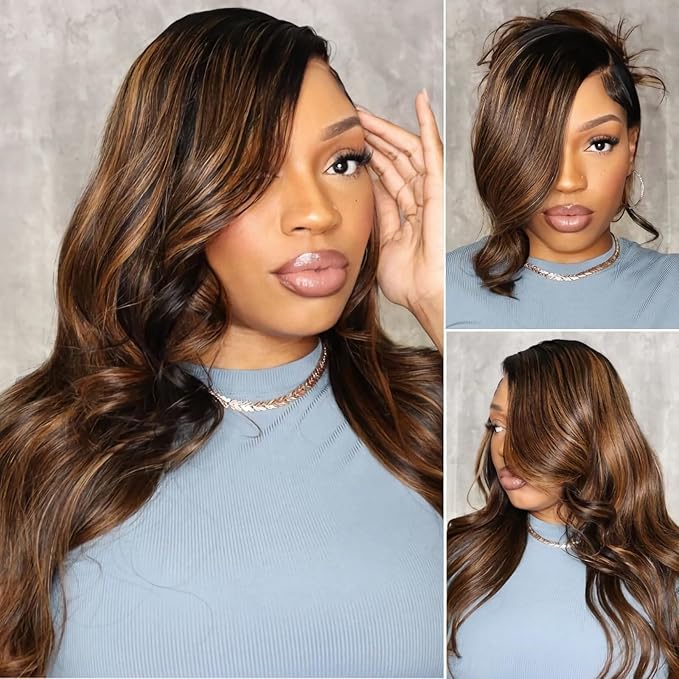 Julia Hair Bye Bye Knots Glueless Wig Highlight Balayage Brown Body Wave 7x5 Pre Cut HD Lace Front Wigs Human Hair Pre Plucked Bleached Knots Pre Everything Ready To Go Ombre Wig 22 Inch