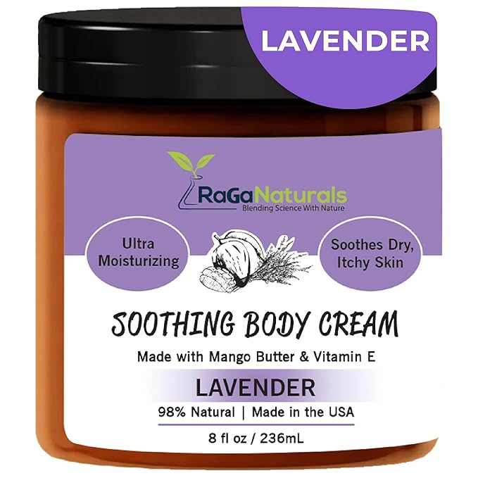 RaGaNaturals Natural Face and Body Butter Cream for Dry Skin - Calming, Nourishing & Hydrating Lavender Body Cream for Women, Men & Kids - Softens Skin and Delivers Healthy-Looking Glow - Vegan - 8 Oz