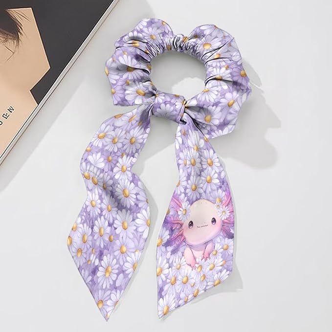 Starry Sky Axolotl Ribbon Bow Elastic Hair Ties for Women Daisy Ribbon Scrunchies Fashion Purple Knotted Bow with Long Tails Pack Of 2