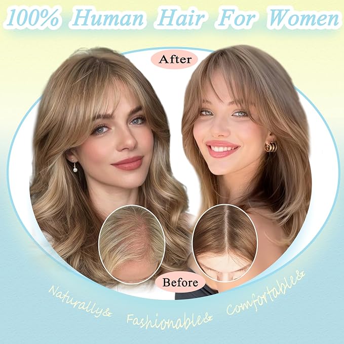 Hair Toppers for Women Real Human Hair, 360° 3D Toppers Hairpieces for Women with Thinning Crown Wispy Clip in Bangs 12 Inch Upgrade Big Base (Dark Brown, 12 Inch Wispy Bangs)