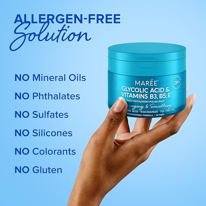 MAREE Glycolic Acid Pads - Toner Pads for Face Cleansing - Exfoliating Pad with Tea Tree Oil, Salicylic Acid & Vitamins E, B3, B5 - Facial Polishes & Peels, Skin Pore Resurfacing & Radiance - 50 Count