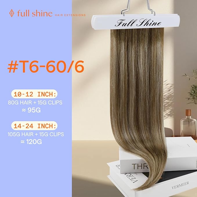 Full Shine Clip in Hair Extensions Ombre 20 Inch Chestnut Brown to Platinum Blonde Real Human Hair Extensions Clip ins Double Weft Clip in Extensions Remy Hair 7 Pcs 120 G