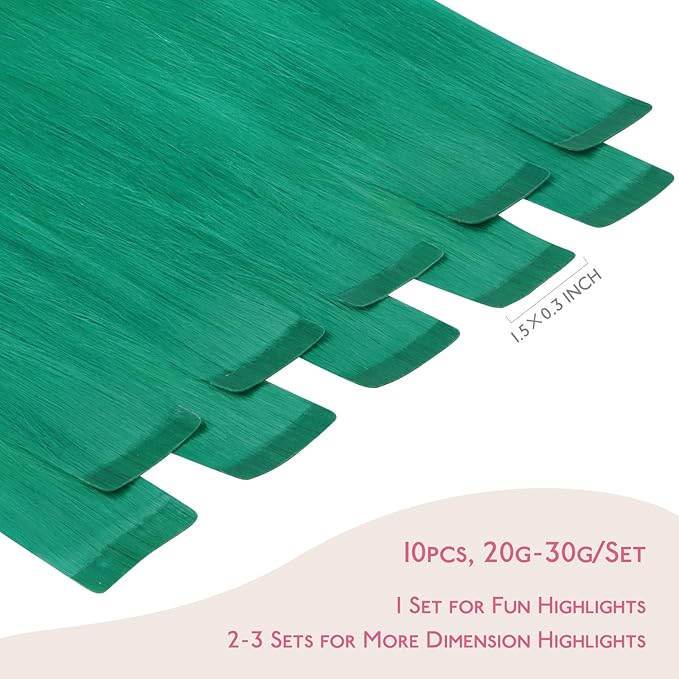 WENNALIFE Tape in Hair Extensions Human Hair Green Tape in Extensions, 10pcs 25g 16 inch Remy Invisible Tape Ins Straight Colored Soft Real Human Hair Tape in Extensions Refill Set Extensions