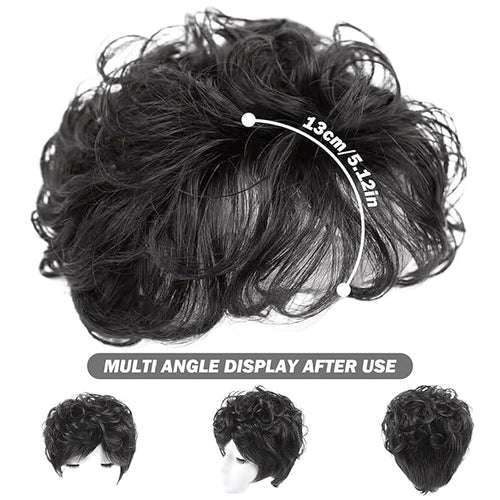 5.1'' Black Hair Toppers for Women, Curly Synthetic Hair Topper with Bangs, Breathable Fluffy Clip-in Natural Wig Toppers, Thinning/Loss, For Thin