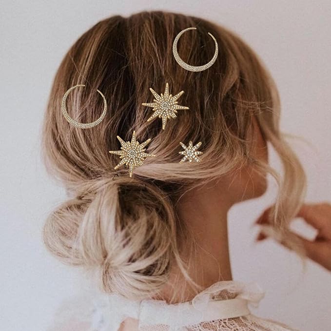 6 Pieces Rhinestone Stars Moon Hair Clips Vintage Star Hairpins Crystal Decorative Bobby Pins Metal Alloy Hair Pins Snowflake Side Clip Hair Accessories for Women Girls (Gold)