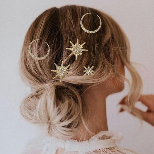 6 Pieces Rhinestone Stars Moon Hair Clips Vintage Star Hairpins Crystal Decorative Bobby Pins Metal Alloy Hair Pins Snowflake Side Clip Hair Accessories for Women Girls (Gold)